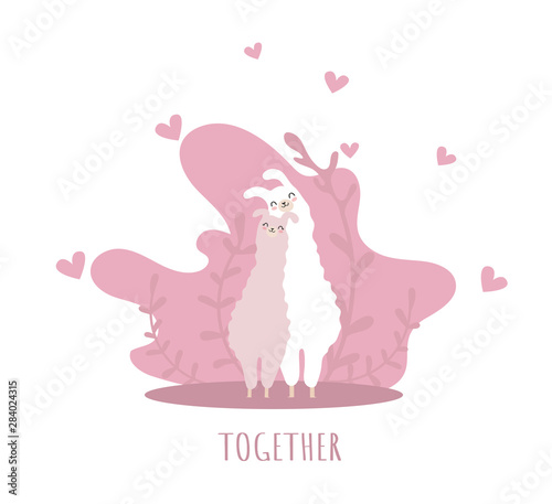 Two llamas in love with smile and many details. Together. Cute alpaca. Typography poster,card,label,banner design set with background.Vector illustration.