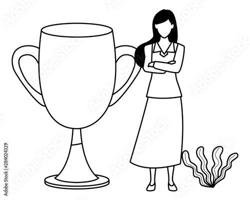 Executive businesswoman with big trophy cup in black and white