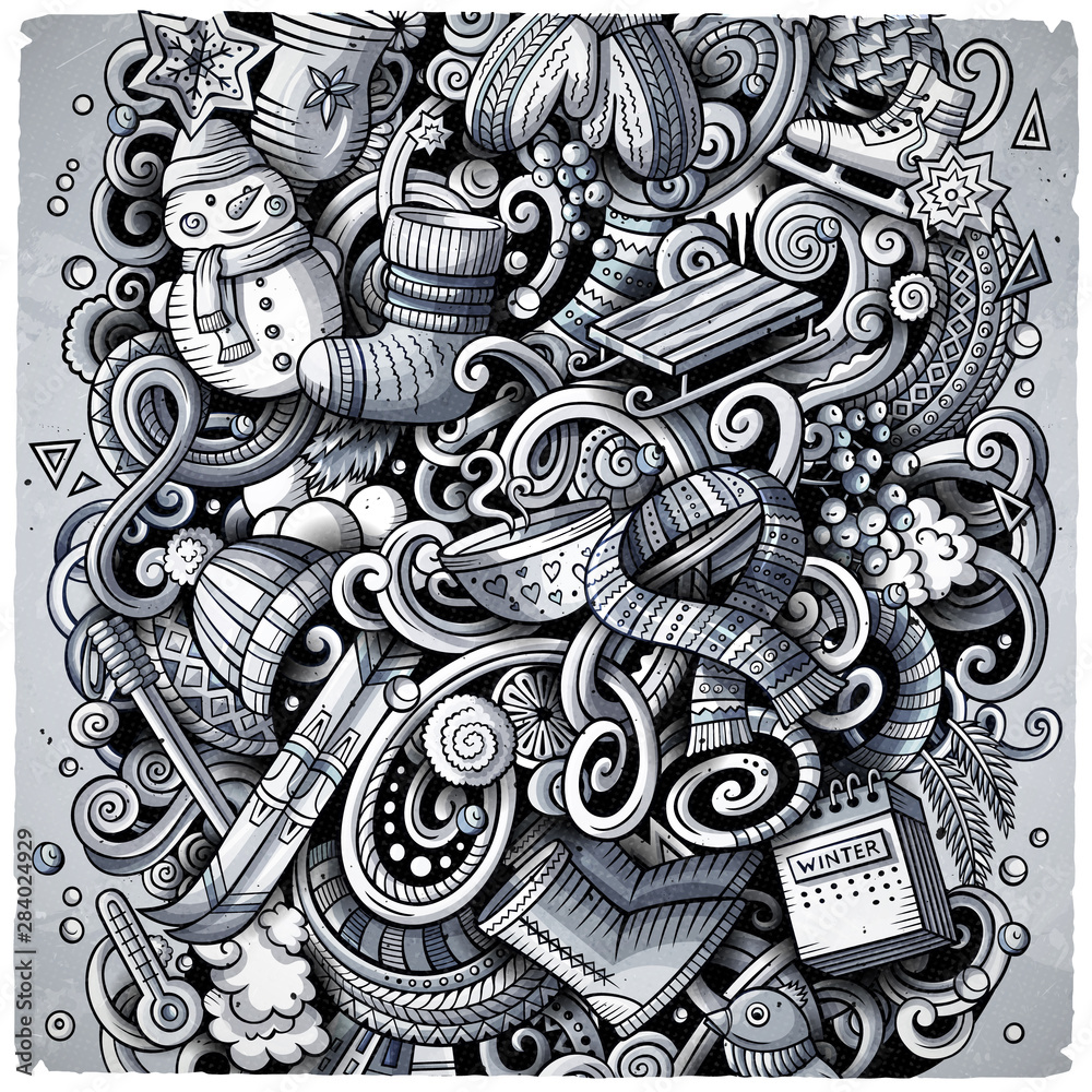 Cartoon doodles Winter illustration. Toned cold season funny picture Cartoon doodles Winter illustration. Toned cold season funny picture