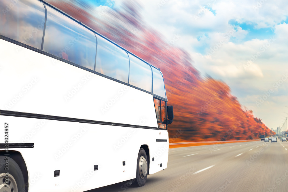 Big luxury comfortable tourist bus driving through golden autumn tree highway on bright sunny day. Blurred motion.Travel and coach tourism concept. road trip and journey by vehicle. Seasonal vacation