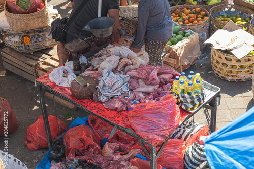 fresh meat at butcher to be sold in a market in bali , July 22 2019