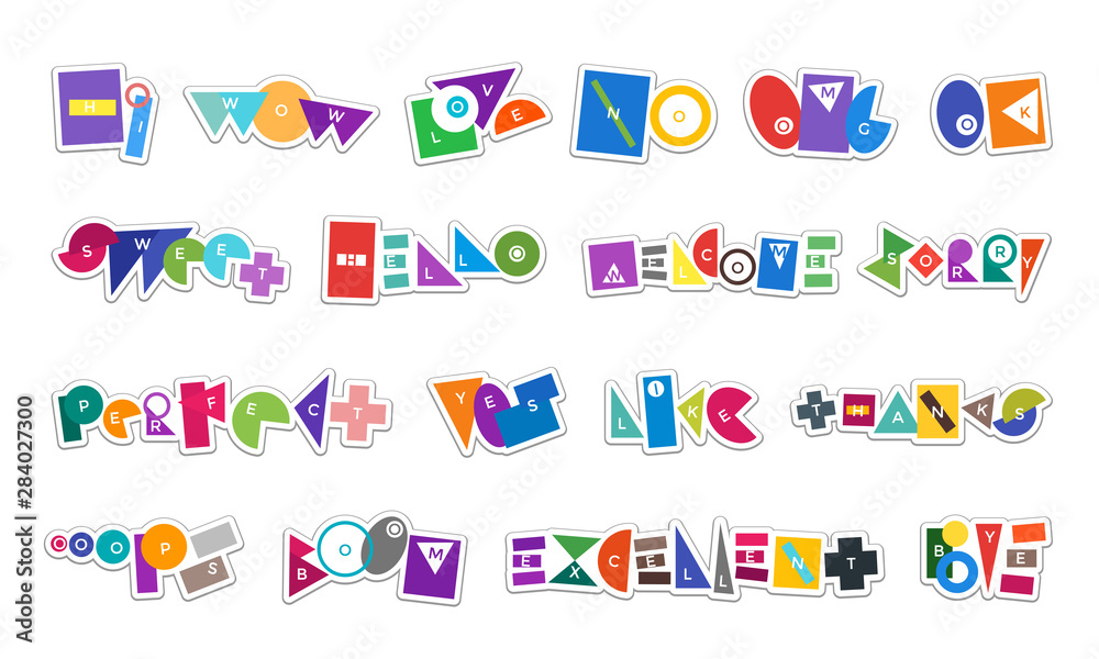 Message abstract sticker label set for social media network chat. Simple colorful shape words graphic badge template collection. Vector talk text element illustration