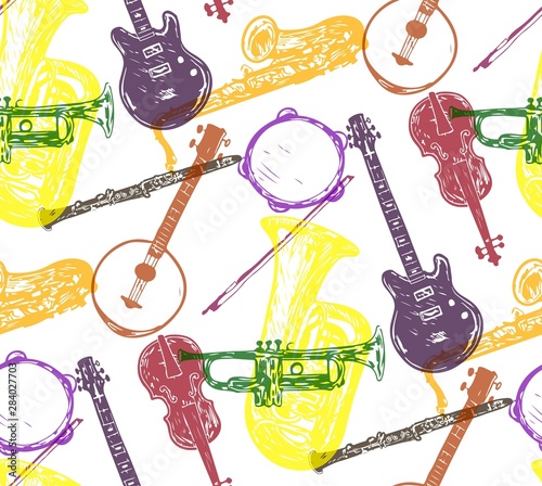 Musical instruments vector seamless pattern of orchestra harp, contrabass and piano, maracas, saxophone and gramophone, cymbals on ethnic jembe drums, jazz trumpet, acoustic guitar and violin