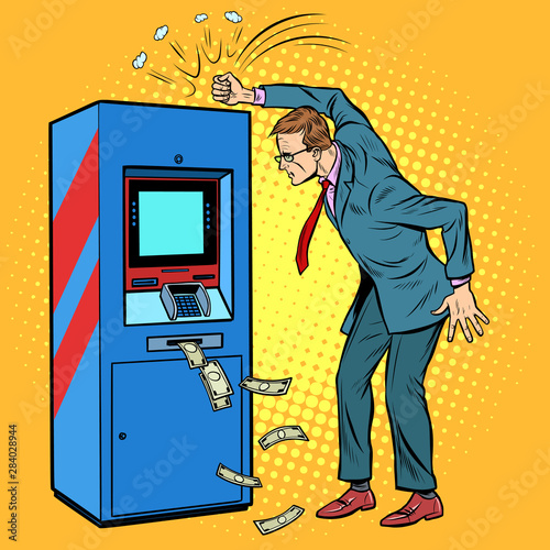 the damaged ATM and the angry man