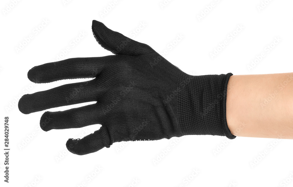 Hand in black glove on isolated white background. Gesture holds out a handshake.