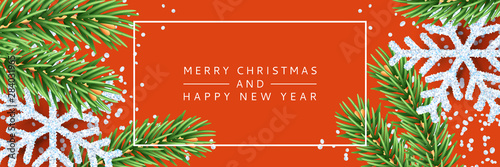 Merry Christmas, Happy New Year poster, banner background. Vector 3d realistic illustration of snowflakes, fir branches