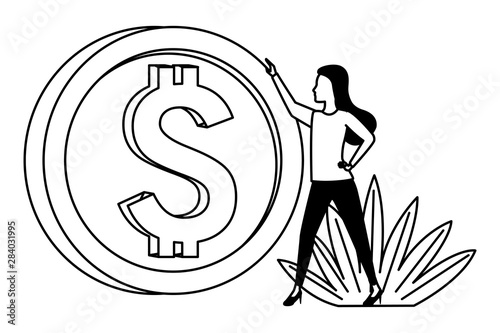 Executive businesswoman with big coin in black and white