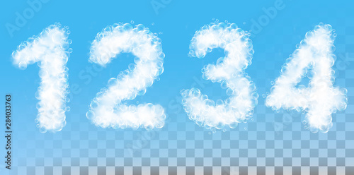 Numbers made out of soap foam and bubbles on transparent background. Vector illustration.