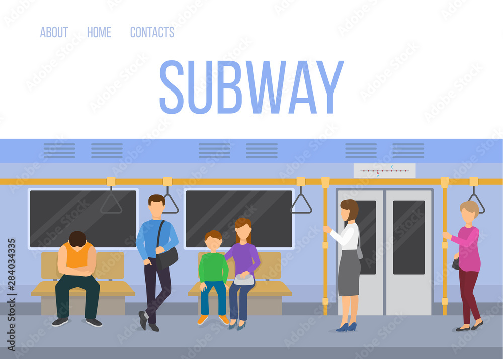Subway underground train car interior with commuting passengers sitting standing vector illustration. Subway web template in blue colors. Subway underground train car interior with commuting passengers sitting standing vector illustration. Subway web template in blue colors.