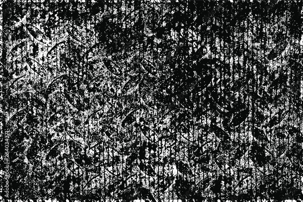 Black white grunge background. Abstract monochrome texture of scratches, chips, cracks. Vector pattern of the worn surface