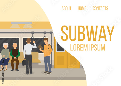 Subway inside with people, old couple and man vector web template. Metro and train interior. Urban subway. Illustration of metro and underground station with passenger people.