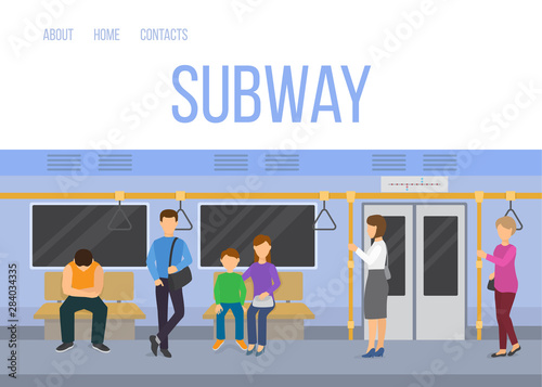 Subway underground train car interior with commuting passengers sitting standing vector illustration. Subway web template in blue colors.