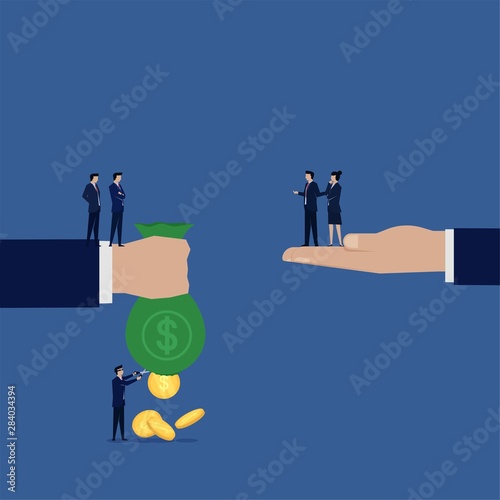 Business pay with coin bag and thief cut it with scissor metaphor of corruption.