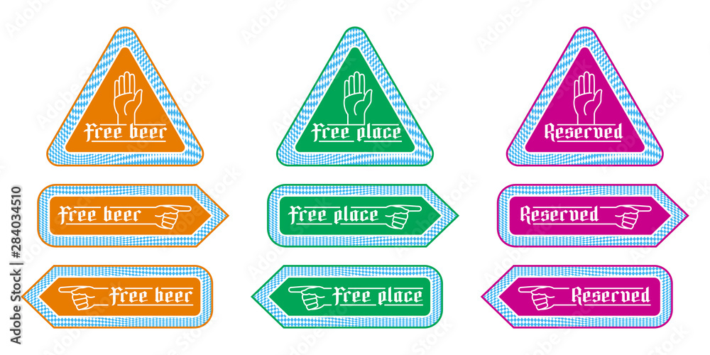 Obraz premium Stickers direction signs for customer service in beer tents at Oktoberfest. Notified labels with finger pointing Free beer, free place, reserved. To left to right indicator. Set of vector illustration