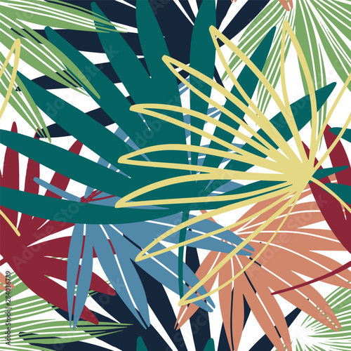Vector seamless pattern. Palm leaves wallpaper. Hand drawn tropical background.
