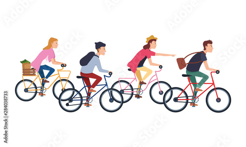People riding bicycles with accesories