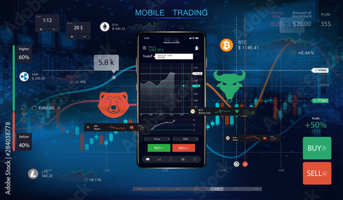 Mobile stock trading with candlestick and financial graph charts on screen. Futuristic background with smartphone and interface for cryptocurrency trading. Market trade. Binary option. Vector 