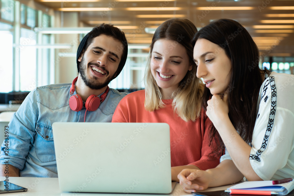 University students using laptop in university library. University students using laptop in university library.