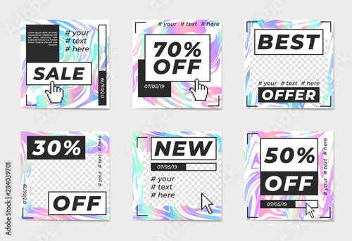 A set of abstract backgrounds with geometric and holographic elements.