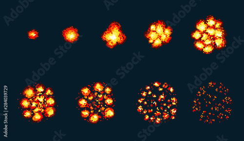 Pixel art explosion. Game icons set. Comic boom flame effects for emotion.