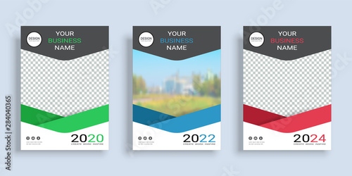 Poster cover book design template in A4 layout with space for photo background, 3 Color ways included, Use for annual report, proposal, portfolio, brochure, flyer, leaflet, catalog, magazine, booklet.