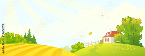 Vector cartoon drawing of a fall farm scene with a yellow field and a small house