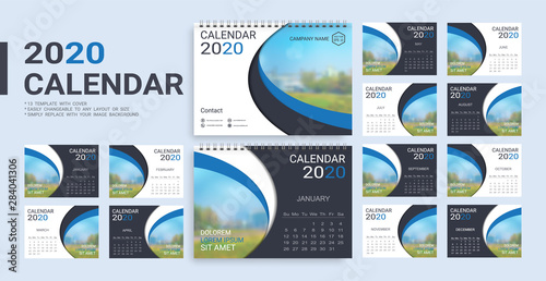 Desk Calendar 2020 template, 12 months and 13 template with cover included in A5 but easily to changeable to any layout or size and simply replace with your image background.