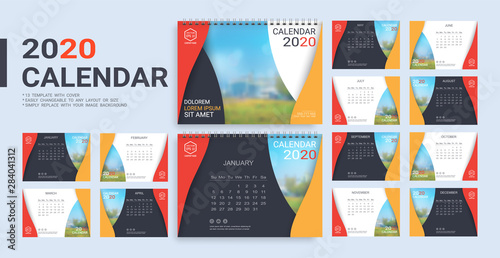 Desk Calendar 2020 template, 12 months and 13 template with cover included in A5 but easily to changeable to any layout or size and simply replace with your image background.