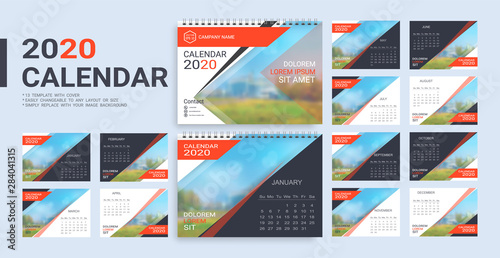 Desk Calendar 2020 template, 12 months and 13 template with cover included in A5 but easily to changeable to any layout or size and simply replace with your image background.