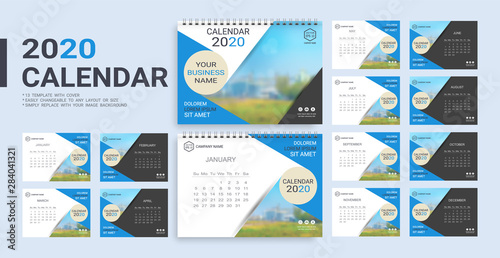 Desk Calendar 2020 template, 12 months and 13 template with cover included in A5 but easily to changeable to any layout or size and simply replace with your image background.