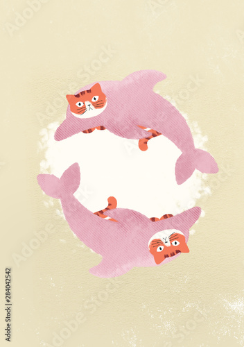 A pink dolphin cat with color water style