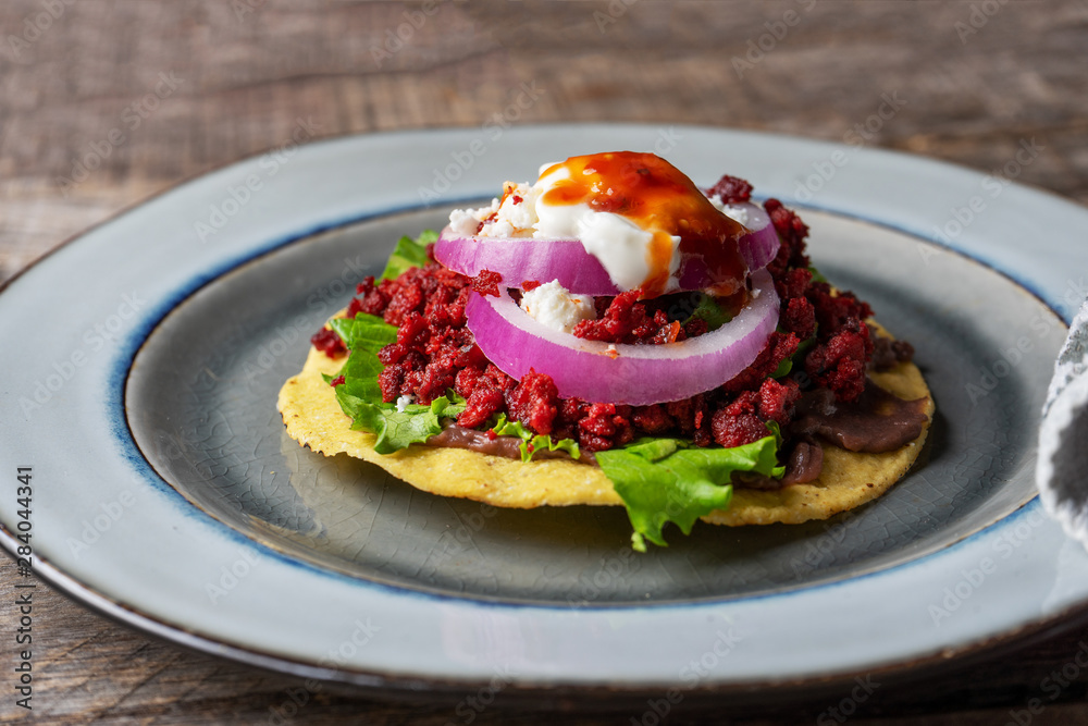 Mexican tortilla toast with chorizo also called 