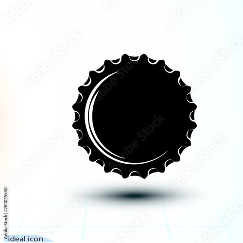 Black icon cap Beer bottle made of iron. Vector simple monochrome illustration isolated on white background. Falling object.