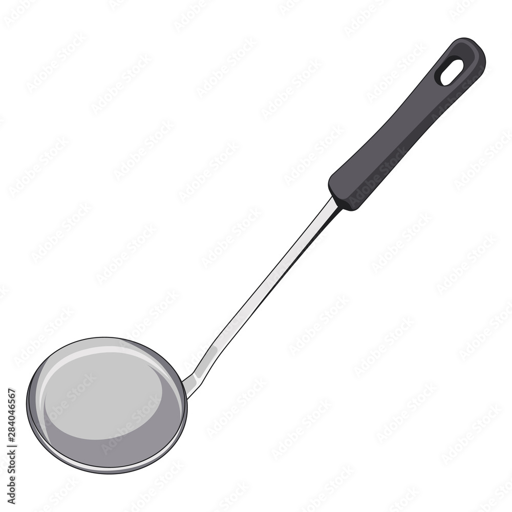 Vector realistic 3d kitchen tool stainless silver glossy spoon for soup on white background Vector realistic 3d kitchen tool stainless silver glossy spoon for soup on white background