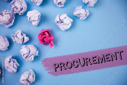 Word writing text Procurement. Business concept for Obtaining Procuring Something Purchase of equipment and supplies written the Painted background Crumpled Paper Balls next to it. photo