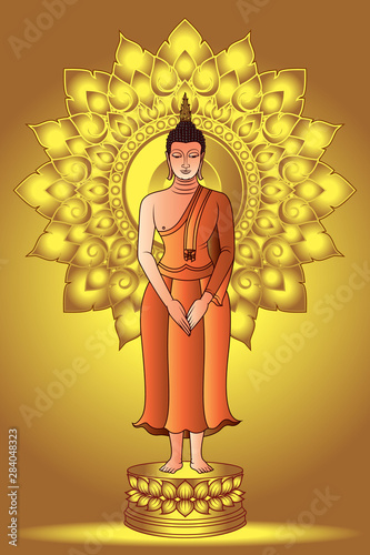 Buddha Siddhartha gautama standing on lotus with golden Dharma wheel background