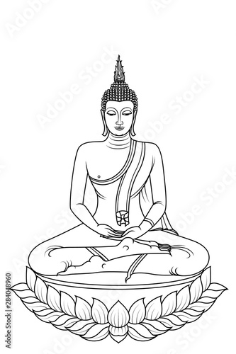 The Thursday Buddha image is sitting in a full lotus position with soles upward and visible, the hands resting in the lap, right above left with all fingers extended, palms upward (the dhyani mudra) photo