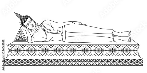 Realizing Nirvana (Pang Sai Yati) The Tuesday Buddha image is lying on his right side, head resting on his arm, toes even