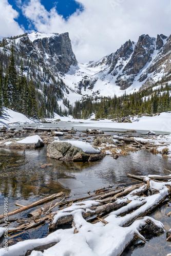 Spring Dream Lake - A wide-angle vertical view of still-mostly-frozen Dream Lake, with Hallett Peak and Flattop Mountain towering at shore, Rocky Mountain National Park, Colorado, USA.