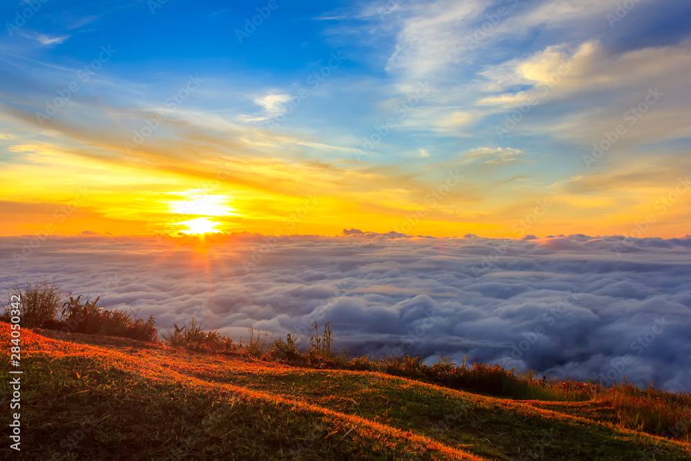 Beautiful Sunrise and mist at Phu Tubberk, Phetchabun Province, Thailand.