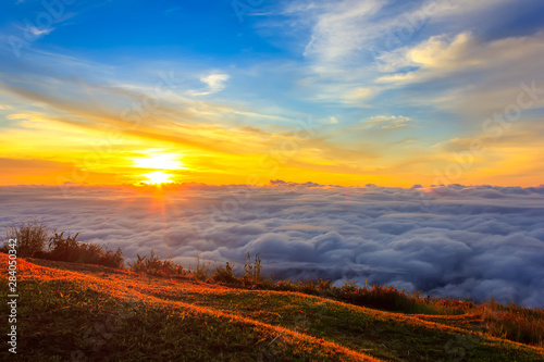 Fototapeta Naklejka Na Ścianę i Meble -  Beautiful Sunrise and mist at Phu Tubberk, Phetchabun Province, Thailand.