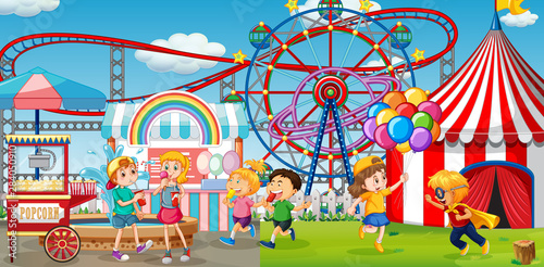 An outdoor funfair scene with kids playing