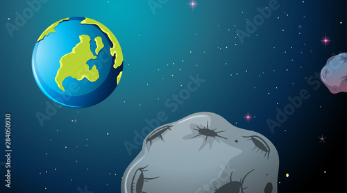 Earth and asteroid space scene