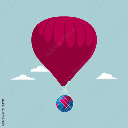 Hot air balloons carry the earth. Isolated on blue background.
