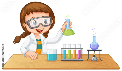 Adorable girl on isolated white background with science theme