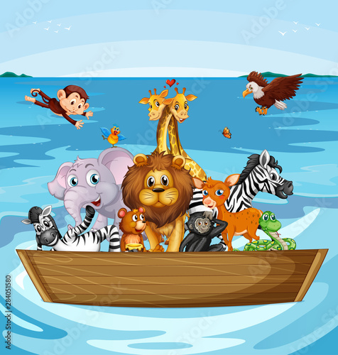 Many cute animals rowing boat