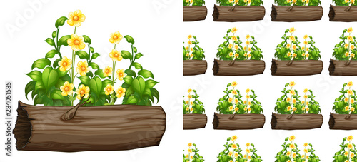 Seamless background design with flowers on log