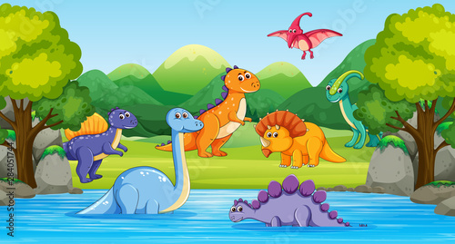 Dinosaurs in wood scene with river
