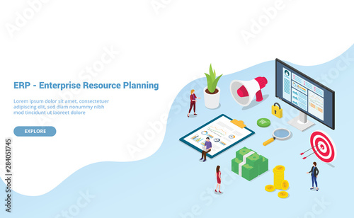 erp enterprise resource planning concept with team people and asset company with modern isometric style for website template or landing homepage - vector