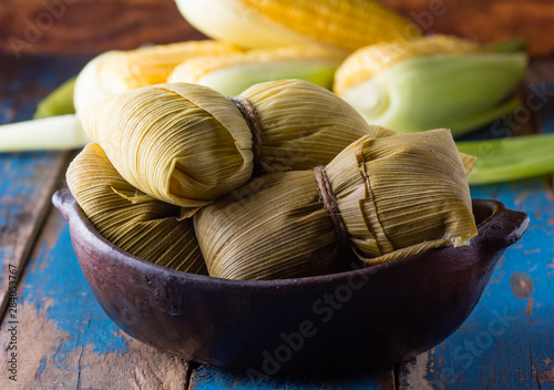 Latin American food. Traditional homemade humitas of corn photo